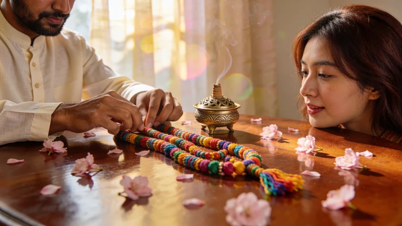 Tightening man in kurta, woman aligning braided garland for ritual at home while incense smoking