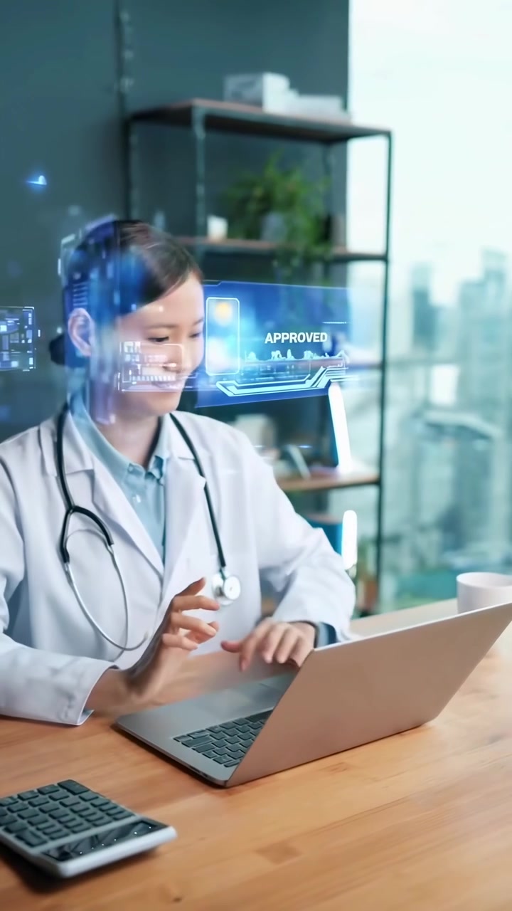 Dottoressa che utilizza la realtà aumentata per le richieste di risarcimento dell'assicurazione sanitaria