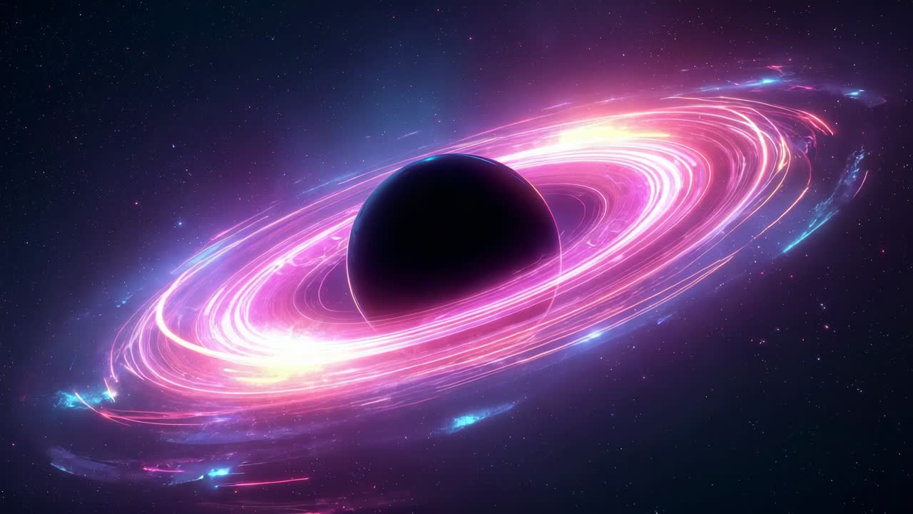 Starting with stars revealing black hole core rotating accretion disk in space, with plasma rings