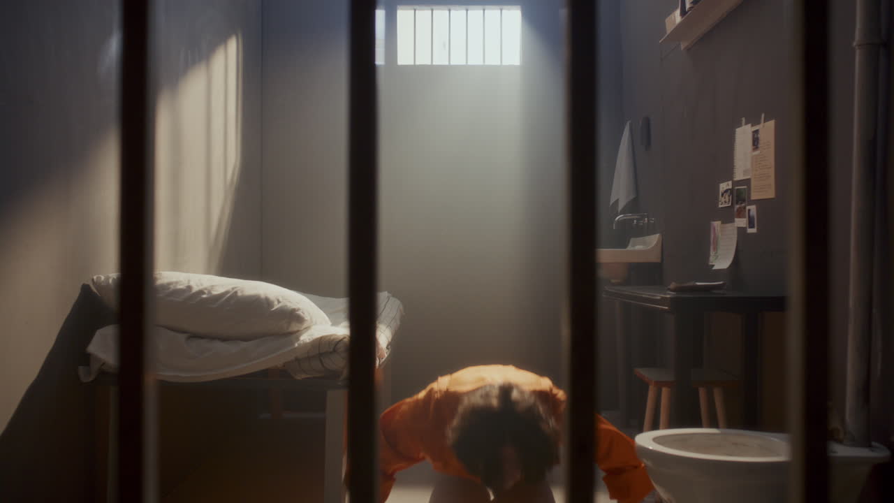 Inmate Doing Push-Ups on Floor in Prison Cell during Incarceration