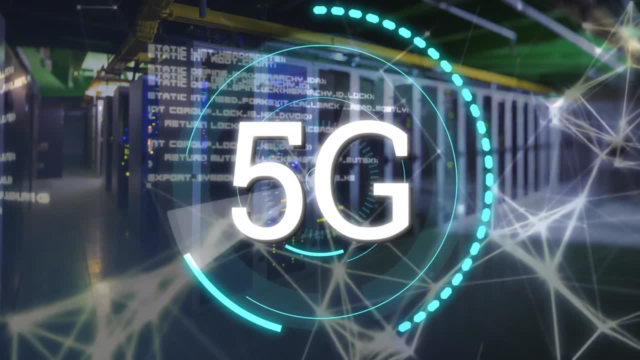 5g scritto nel mezzo di cerchi futuristici e linee asimmetriche