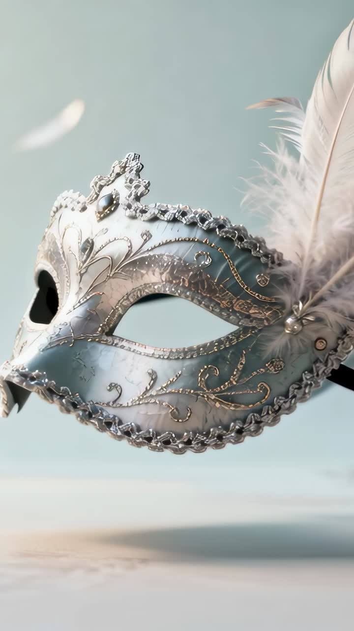 Video verticale: Maschera d'argento che si sposta, inclinando sopra una superficie chiara per la brezza, piuma bianca che fluttua