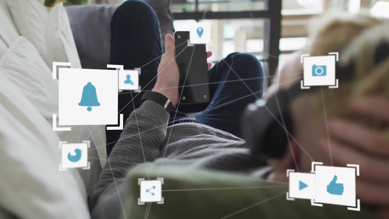 스마트폰을 사용하는 알비노 아프리카계 미국인 사업가에 대한 미디어 아이콘의 애니메이션