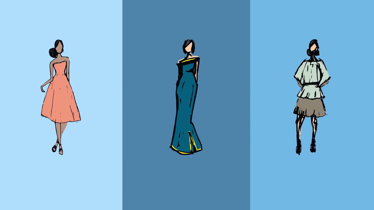 파란색 배경 에 있는 모델 의 패션 그림 의 애니메이션