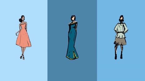 animation of fashion drawings of model on blue background