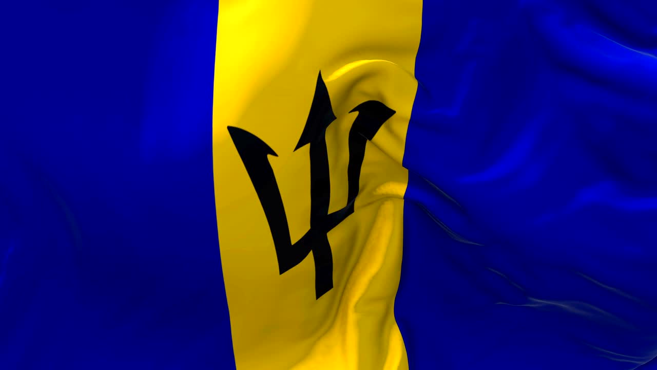 bandera de barbados ondeando en el viento animación en cámara lenta. 4k textura de tela realista bandera soplando suavemente en un día de viento fondo de bucle continuo sin costuras.
