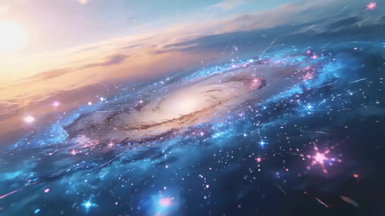 Panning camera revealing spiral galaxy rotating slowly in deep space, revealing arms and blue stars