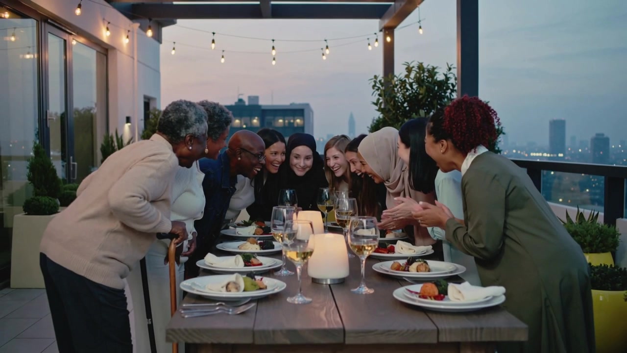 Honoring woman in black scarf, diners clapping and leaning on rooftop terrace with candles, cane