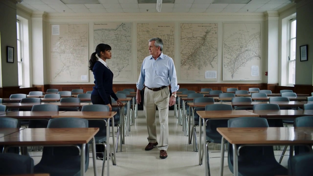 Uomo anziano che cammina lungo il corridoio in un'aula, mentre una donna in blazer scuro si alza, cercando un confronto vicino alle mappe.
