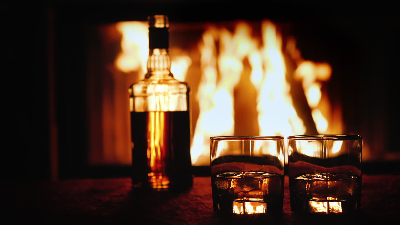 두 잔과 위스키 한 병이 뜨거운 벽난로를 배경으로 탁자 위에 놓여 있다