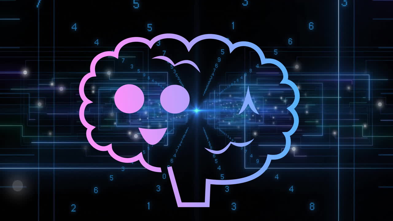 cerebro con cara sonriente y números, animación de procesamiento de datos digitales