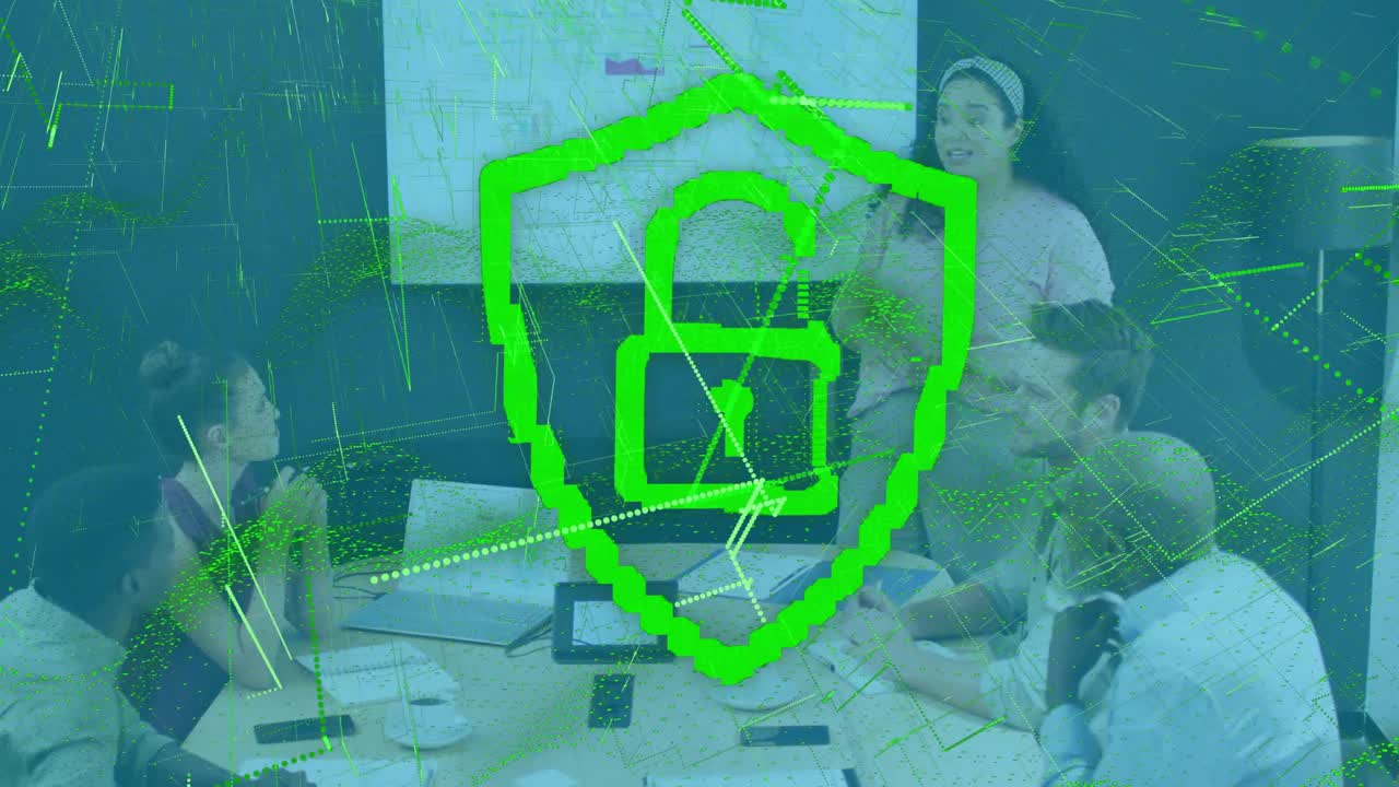 Presenter pointing charts causing padlock incrementing code while team reviewing cybersecurity data