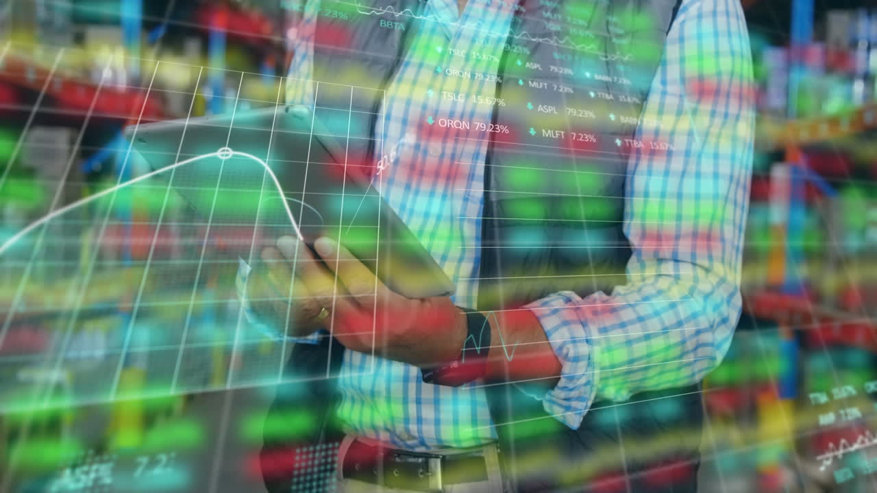animación de un trabajador de almacén utilizando una tableta digital que muestra estadísticas en el fondo.