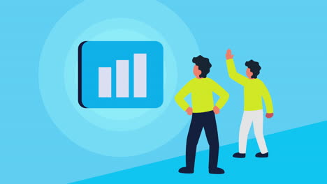 young men with statistics bars animation