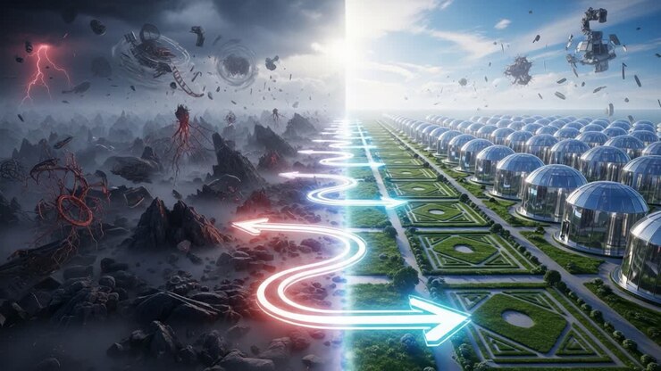 Komparativní vize dvou světů: Chaos a harmonie v dystopické krajině, ukazující přechod od destruktivních sil k inovativní vyrovnanosti