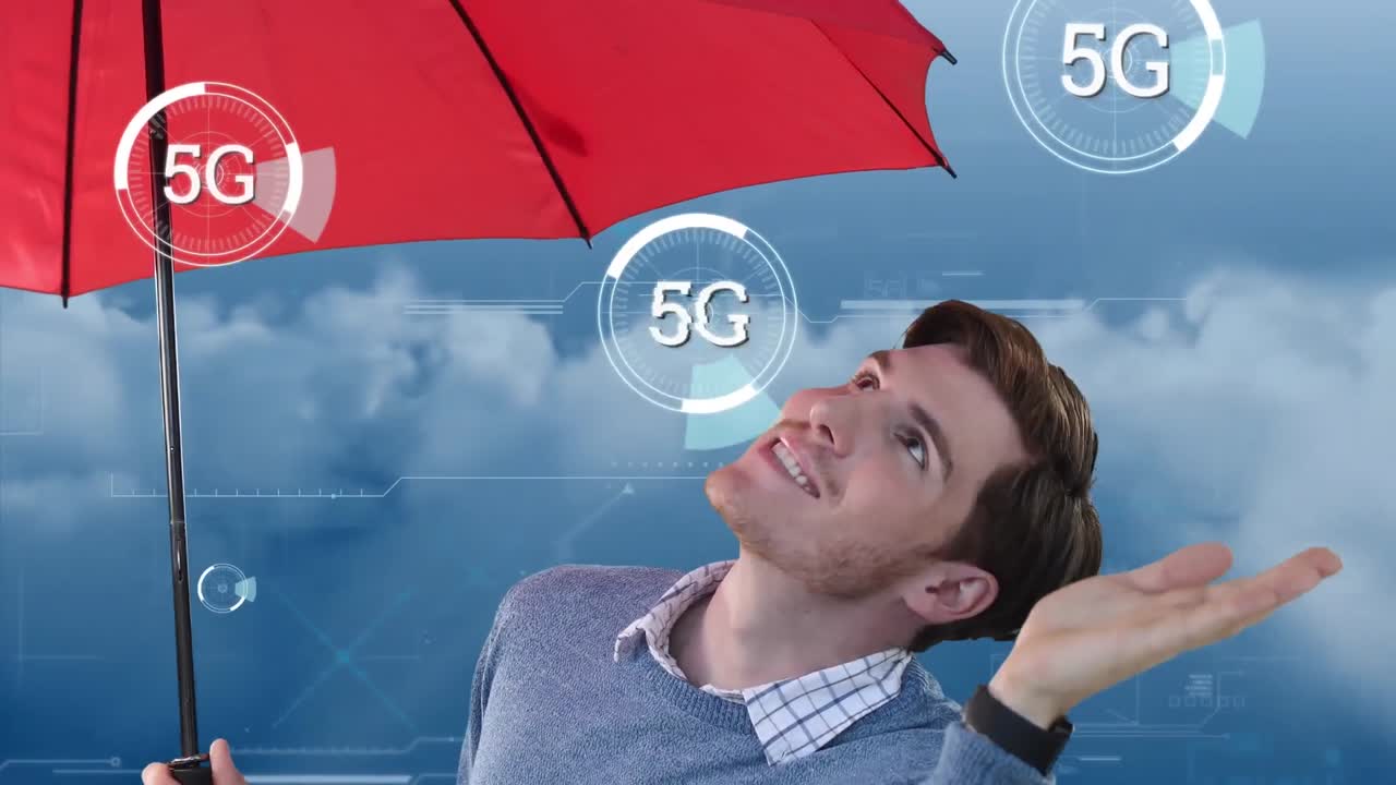 우산과 구름을 들고 있는 백인 남성 위를 스캔하는 스 ⁇ 의 애니메이션