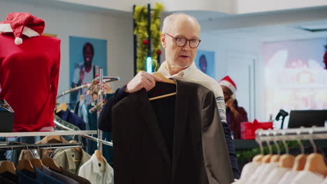 senior man browsing shirts in festive clothing store during winter christmas holiday season, looking at trendy seasonal clothes, doing retail therapy looking for shopping advice