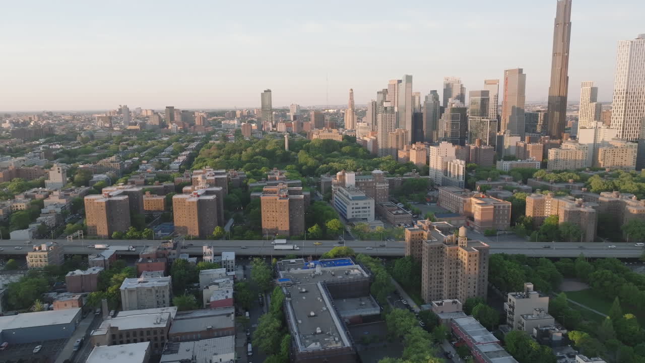 Aerial view of the Brooklyn Queens Expressway. Shot on a spring morning in New York City.
