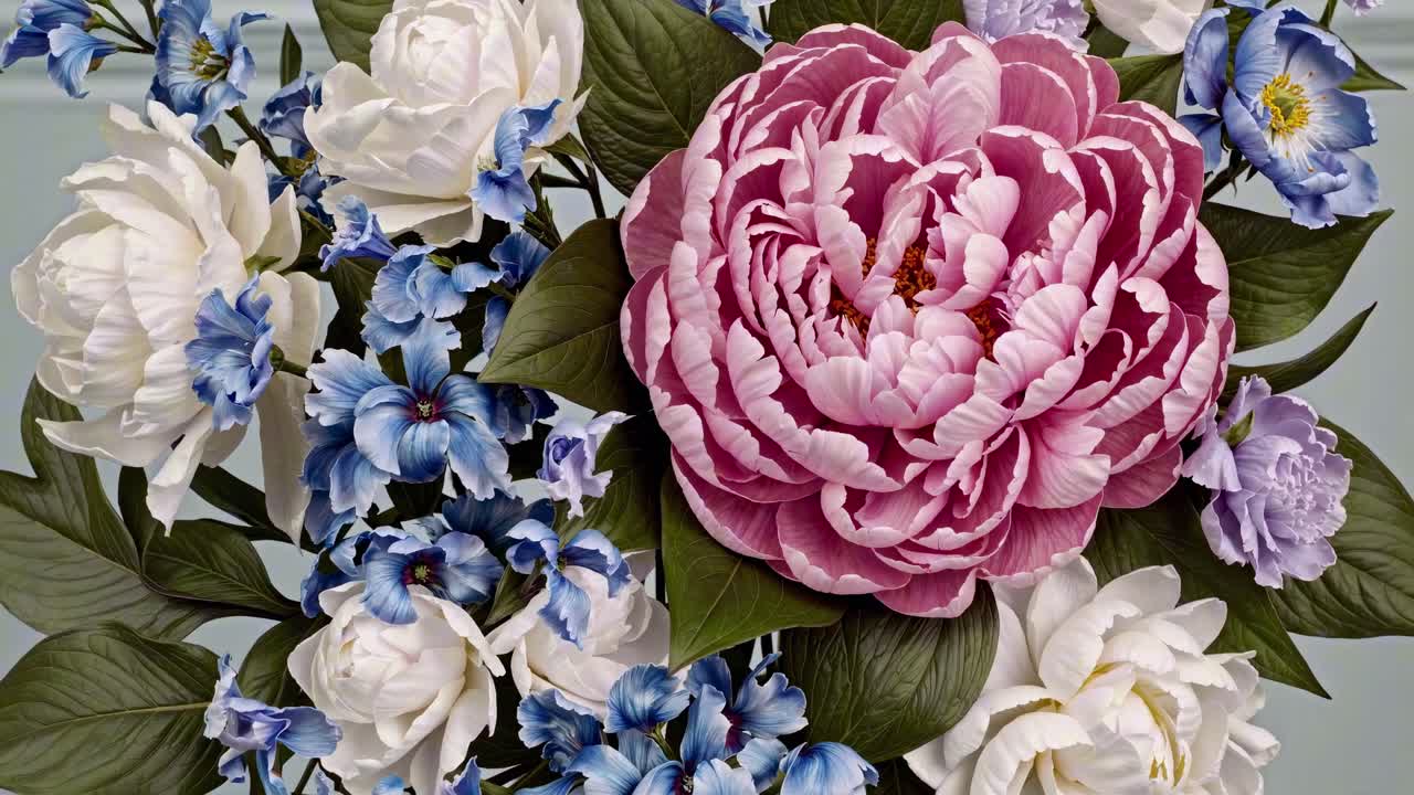 Video ravvicinato di una vibrante composizione floreale con fiori rosa, bianchi e blu su uno sfondo morbido.