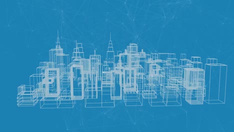 animation of network of connections over digital city on blue background