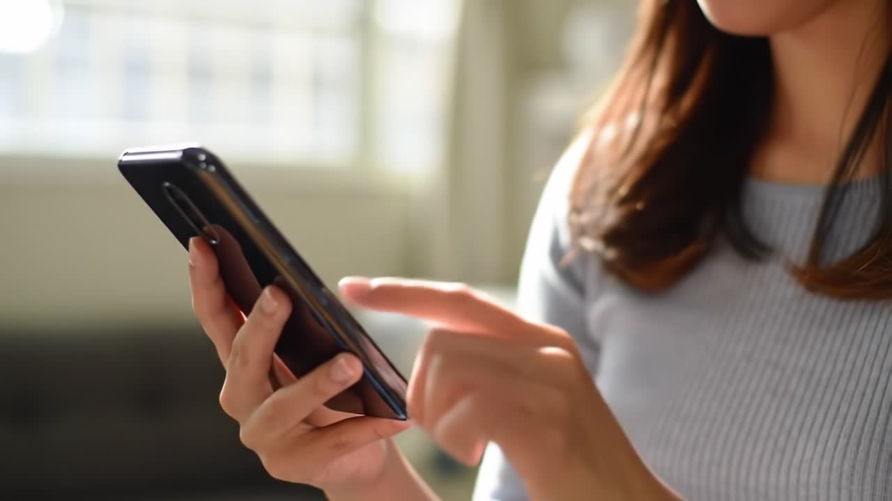 Captivating Moments: A Young Woman Engaged with Her Smartphone in a Bright, Comfortable Space, Highlighting Digital Interaction and Modern Communication