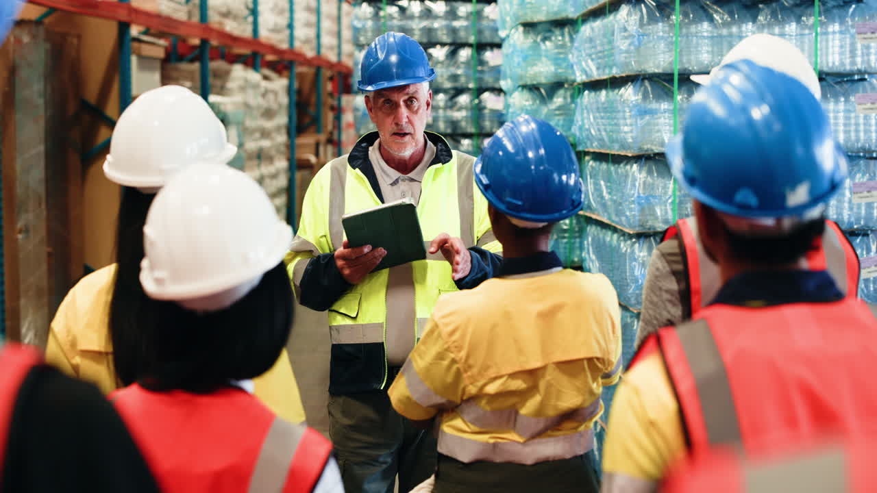 Warehouse Supervisor Briefing Diverse Team of Workers in Safety Gear
