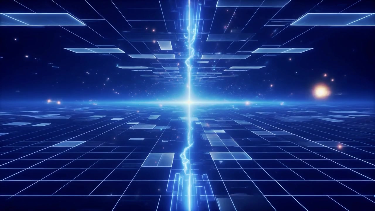 Abstract Digital Grid Tunnel with Glowing Blue Lightning Energy