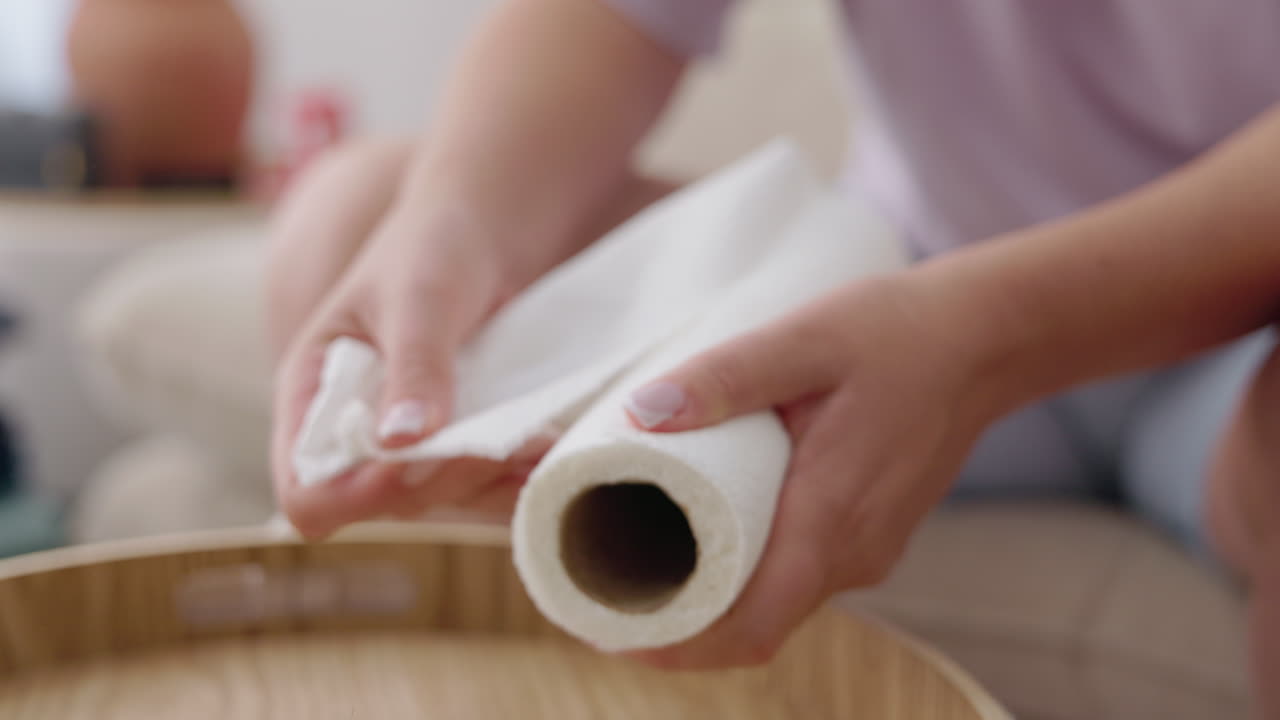 Vrouw scheurt een vel van een rol keukenpapier voor huishoudelijke schoonmaak.