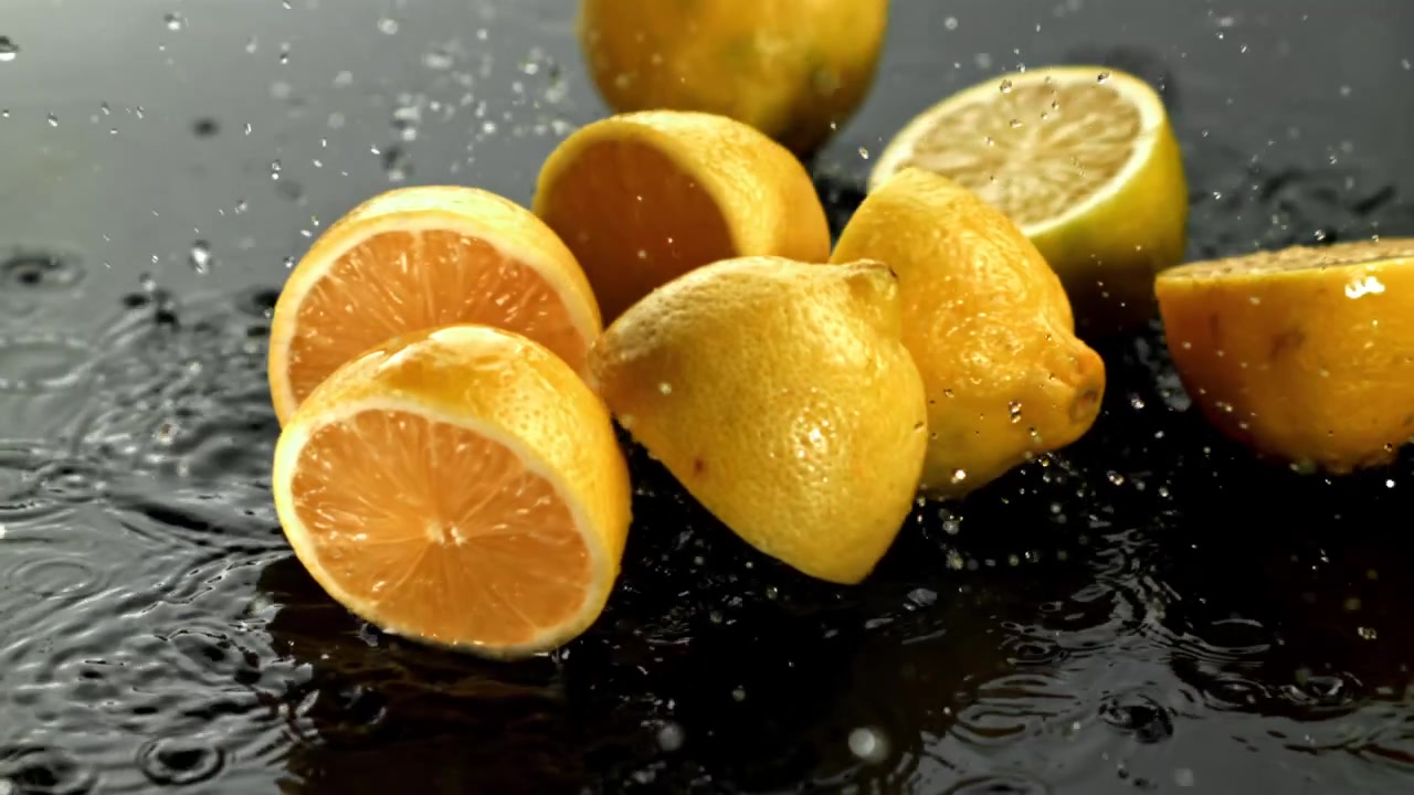 Limoni freschi e metà che schizzano nell'acqua al rallentatore
