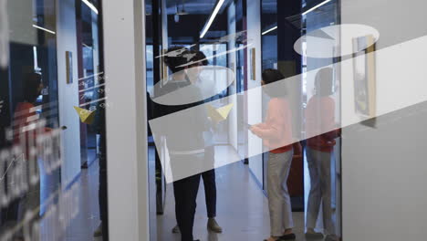 animation of infographic interface over diverse colleagues discussing folder in office corridor