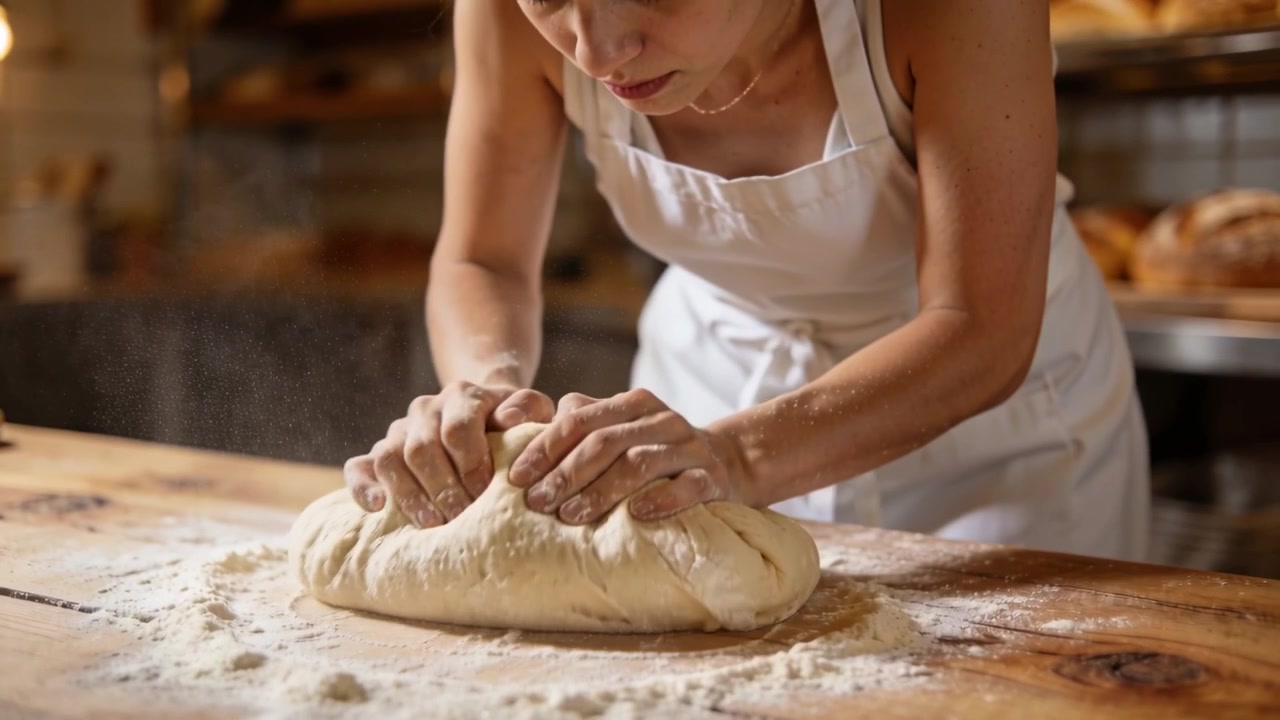 Placing dough, female baker pressing and pinching on wooden counter to shape loaf, wearing apron
