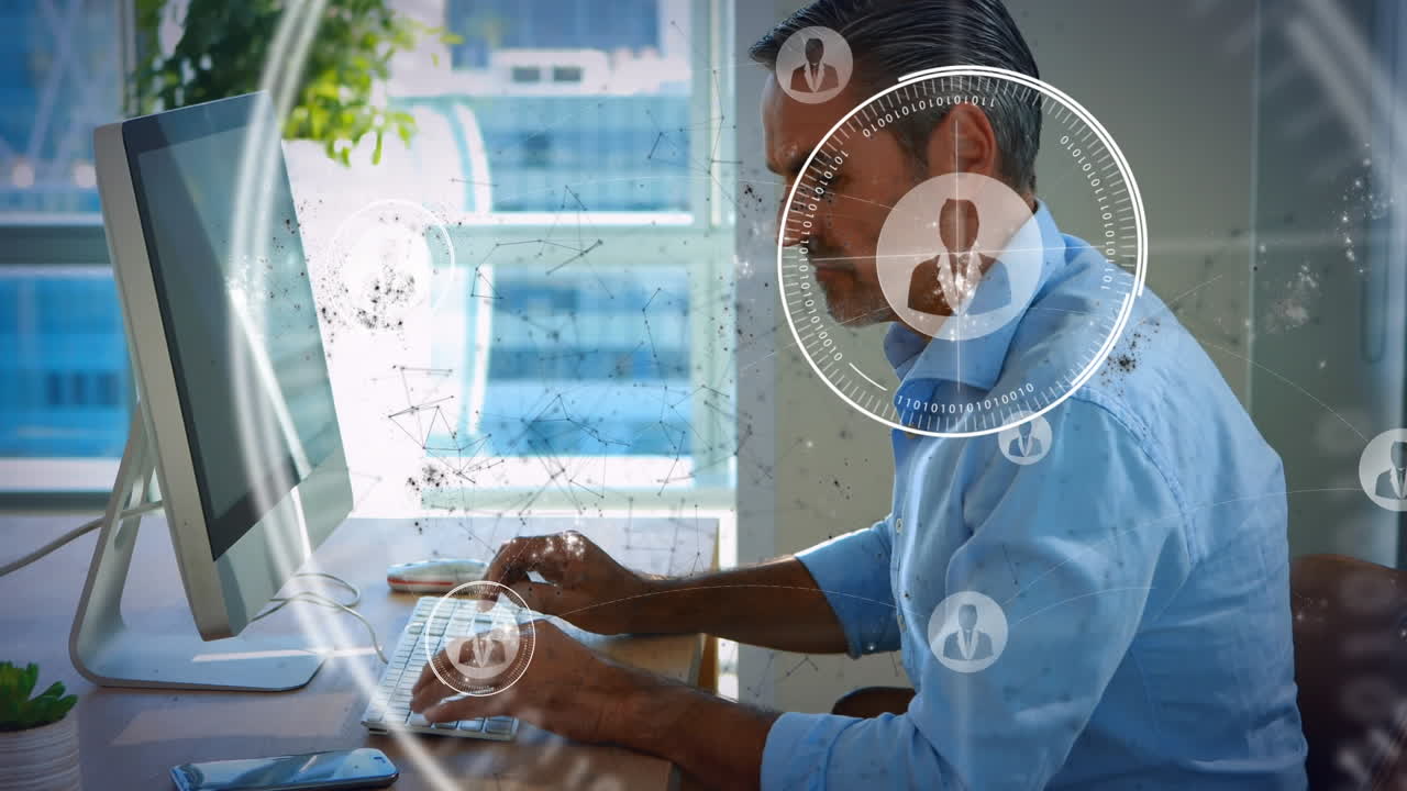 Animation of scopes scanning, digital icons and data processing over businessman using computer