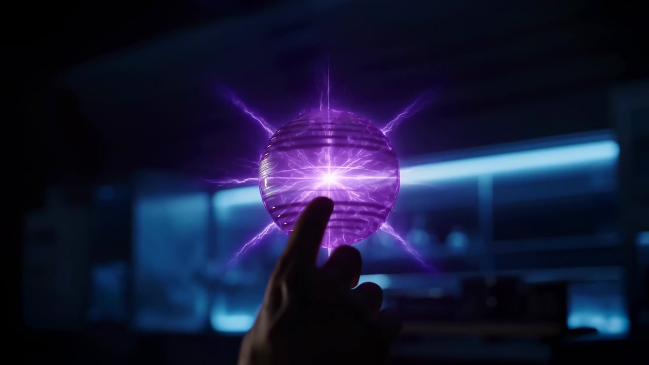 Vista aproximada mostra dedos tocando um orbe iluminado enquanto padrões de luz roxa se movem pela superfície, com arredores internos escuros, realces azuis frios e composição centralizada formando um visual abstrato