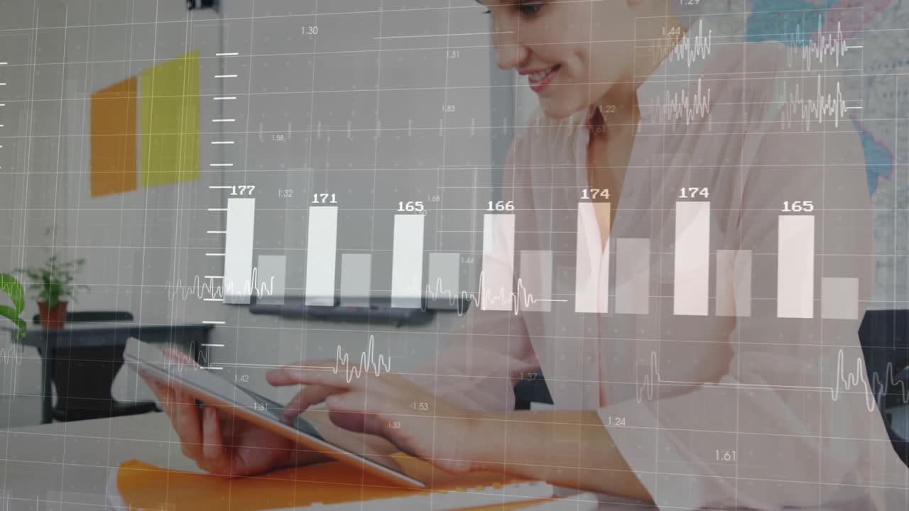 Kvinde bemærker et gennemsigtigt søjlediagram-overlay, der falmer, og trykker på en tablet, hvilket opdaterer forretningsdata.