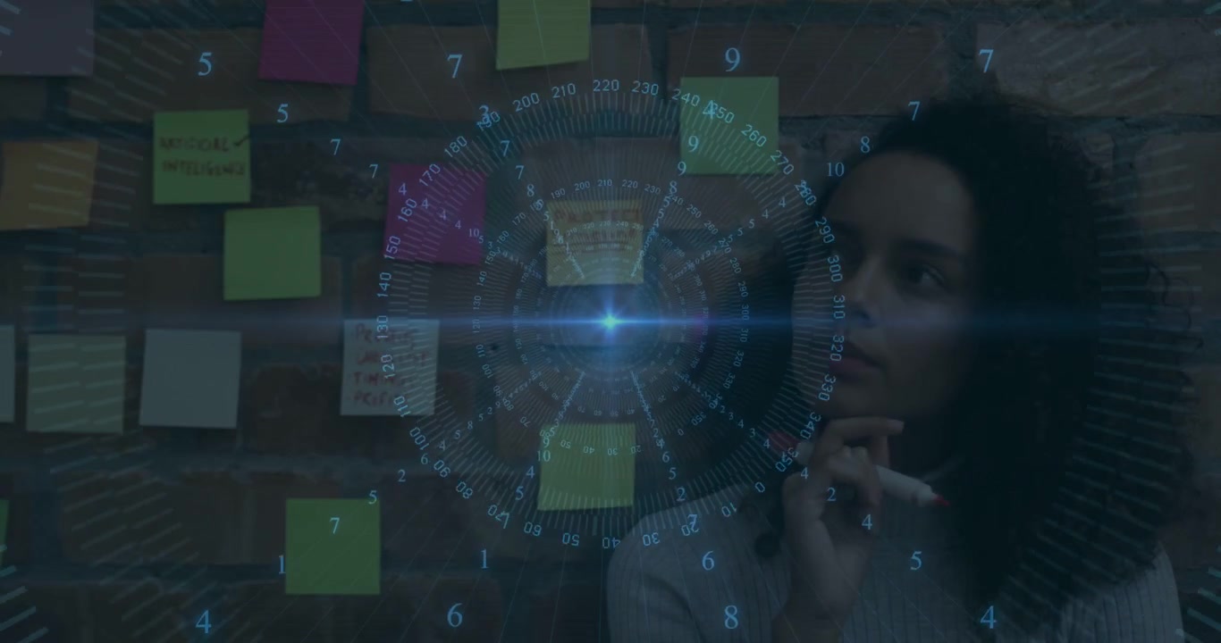 HUD rising urging woman in sweater scanning note wall tapping pen planning moving right, copy space