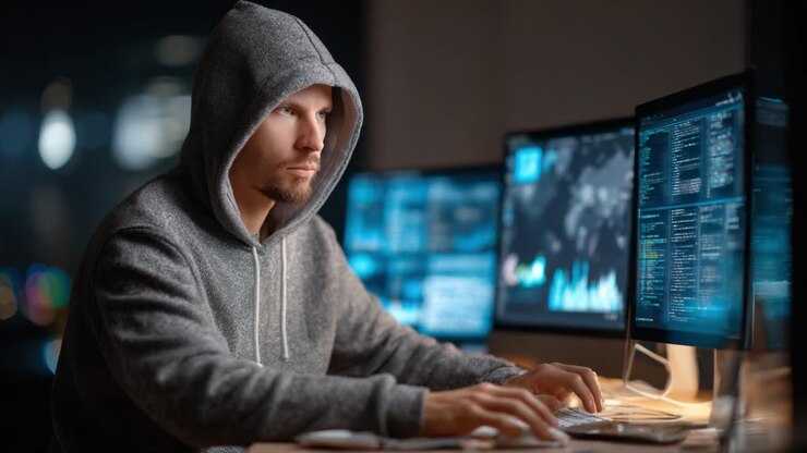 Fokuseret og målrettet: En ung programmør i en grå hættetrøje analyserer data på flere skærme i et mørkt rum, fordybet i komplekse digitale opgaver