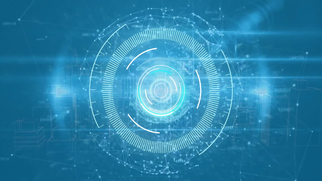 스 스캔 및 연결의 세계 및 파란색 배경에 빛 트레일의 애니메이션