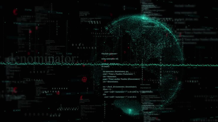 Animation of data processing and globe on black background