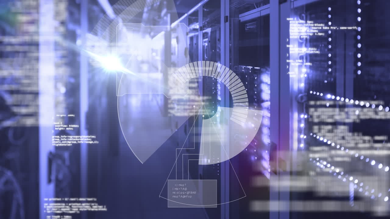 Animation of circular scanner and data processing over glowing computer servers