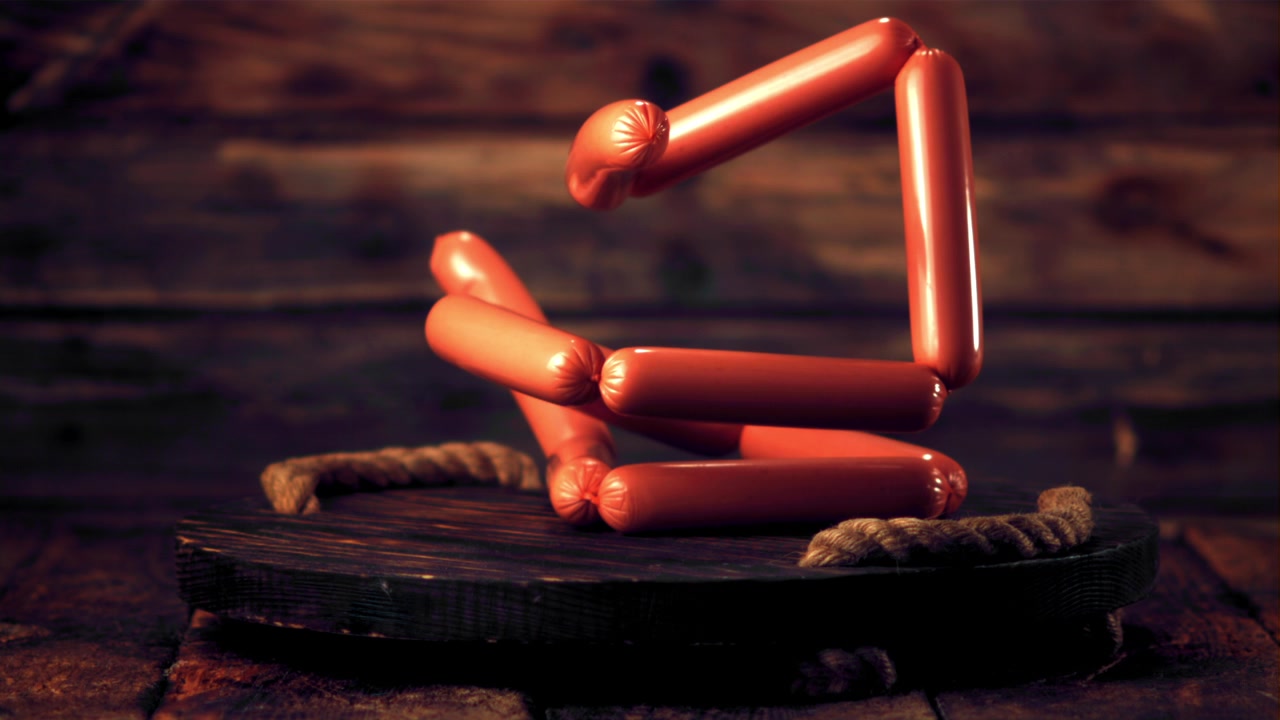 Salsicce crude che cadono su un tagliere di legno al rallentatore