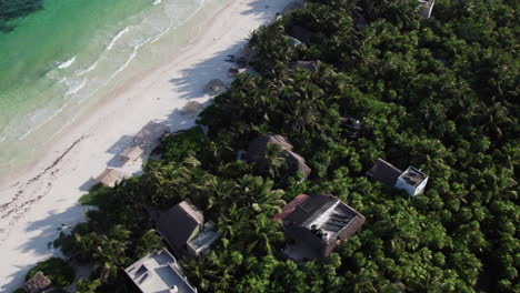 Aerial-Orbit-top-down-shot-of-huts-and-cabins-surrounded-by-palm-trees-in-front-of-a-white-sand-beach-with-crystal-clear-water-in-Tulum,-Mexico