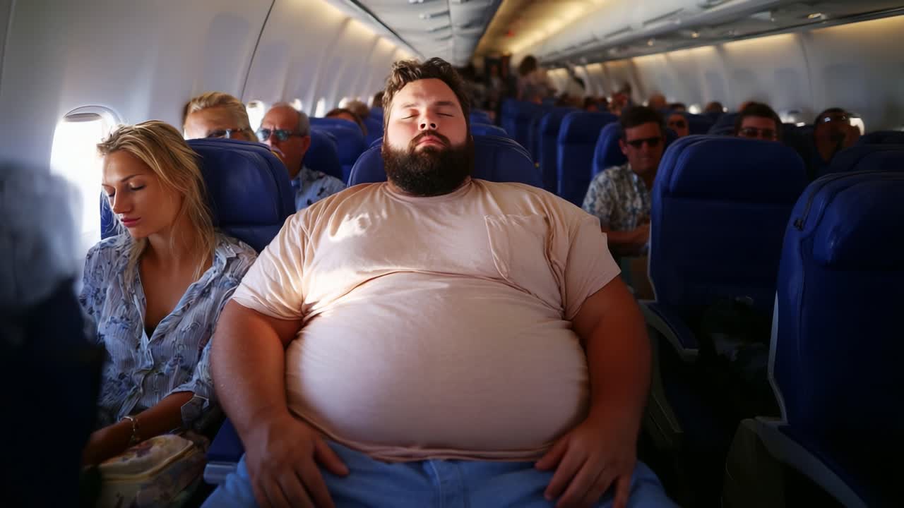 Il comfort dei passeggeri su un aereo: una rappresentazione delle sfide affrontate dalle persone più grandi che viaggiano in spazi ristretti durante un volo
