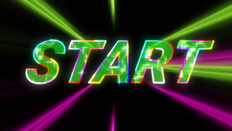 Animation-of-start-text-over-neon-light-trails-on-black-background