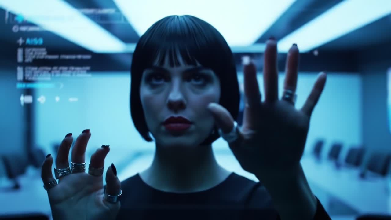 Woman interacting with a futuristic interface