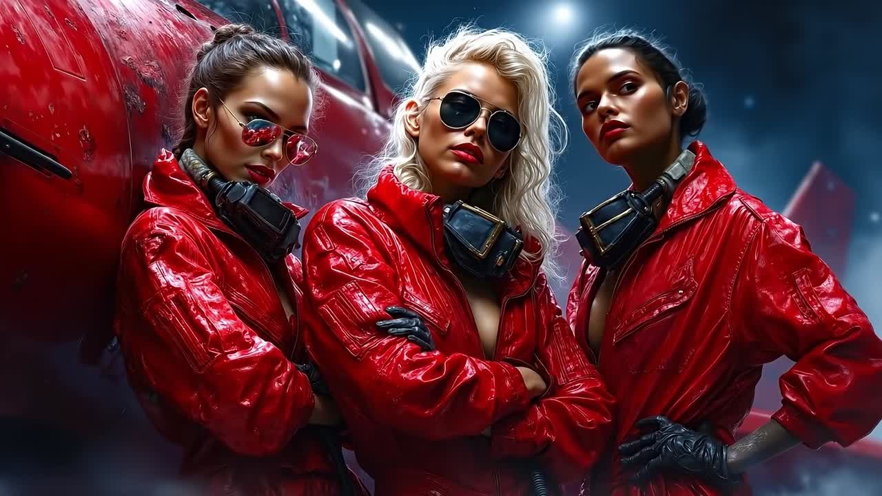 A group of three women in red jackets and sunglasses standing next to a red plane