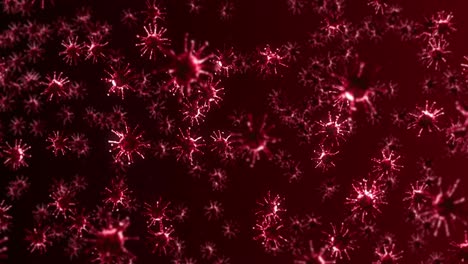 volando muchas células de virus en fondo rojo. concepto médico, ilustración microscópica. animación 3d de la molécula de virus girando. animación de bucle.