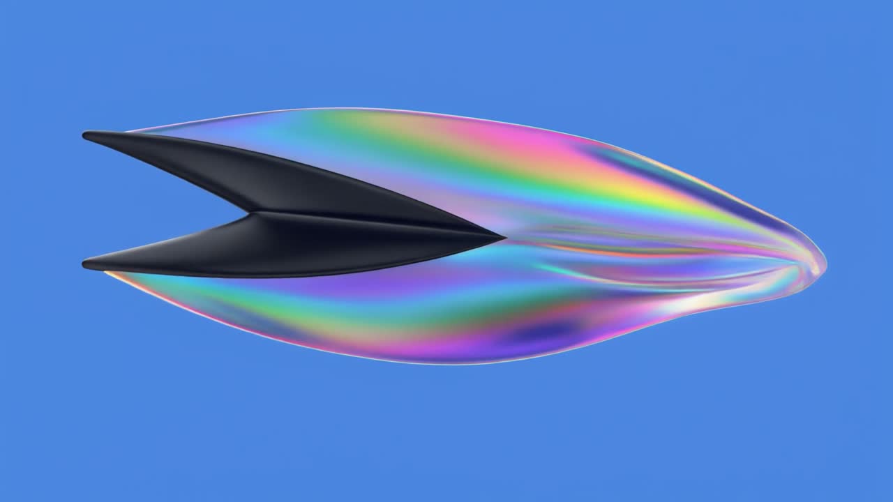 Tessuto olografico iridescente che scorre da una forma geometrica astratta