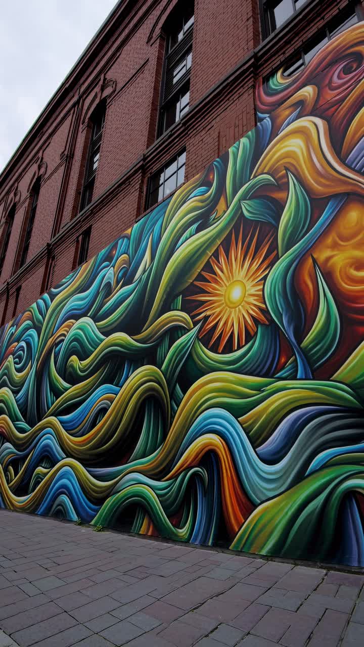 Murale stradale vivace con colori vorticosi e un motivo solare su un muro di mattoni, ripreso dal basso.