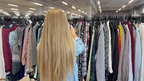 a young poor girl browses the racks of clothes in a thrift store a young poor girl browses the racks of clothes in a thrift store a young woman chooses used clothes for shopping