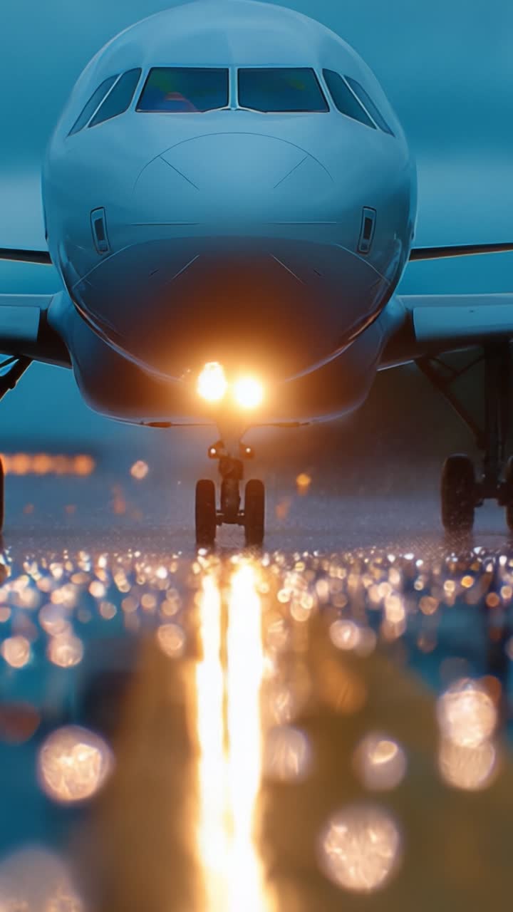 Un avión moderno preparándose para el despegue en una pista lluviosa con brillantes luces de aterrizaje que brillan a través de las gotas de lluvia, creando una experiencia visual impresionante